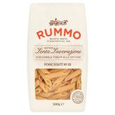Package of Rummo - Penne Rigate Pasta No.66, 500g, crafted from premium durum wheat with visible pasta. Ideal for authentic Italian dishes.